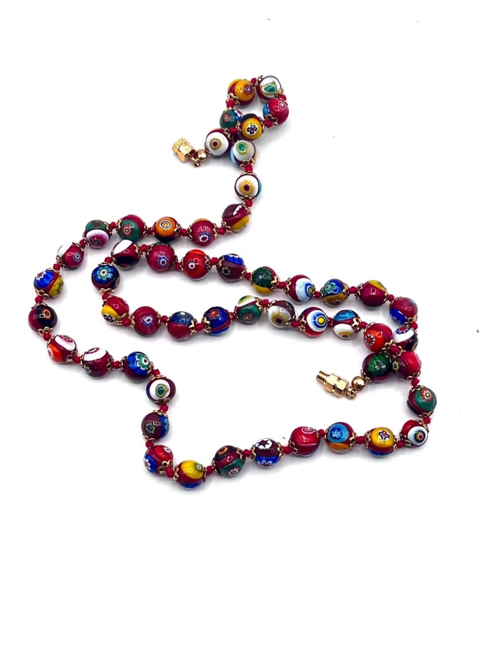 Millefiori Murano Glass‎ Knotted Italian Floral Beaded Necklace 25” - Vintage